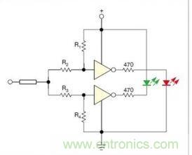 在雙門(mén)構(gòu)成的CMOS/TTL兼容探頭中，R1至R4電阻網(wǎng)絡(luò)對(duì)反相器輸入端做偏置