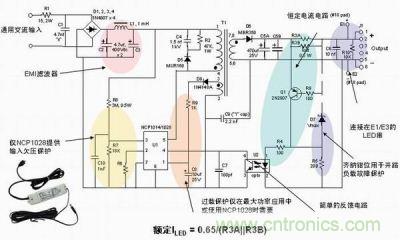 安森美半導(dǎo)體離線式第二代LED驅(qū)動器NCP1014/1028的應(yīng)用示意圖。