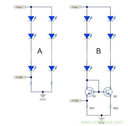 電流鏡 (B) 可針對簡單電阻器電流調(diào)節(jié) (A) 提供各種優(yōu)勢。
