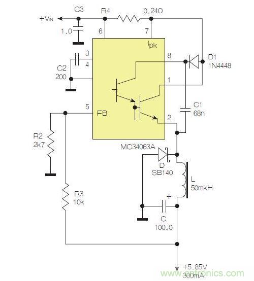 采用降壓配置中廣為使用的MC33063/MC34063的一個(gè)示例。