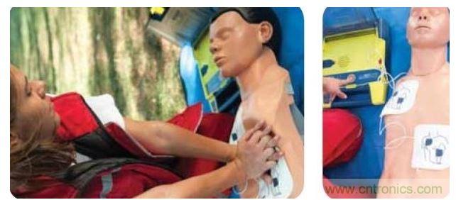 胸部按壓CPR(左圖)迫使血液循環(huán)，為大腦及其它生命器官供血，直到AED重啟心臟(右圖)。