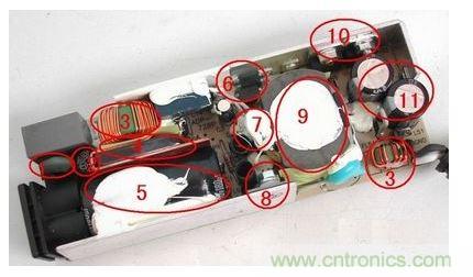 電源適配器的構(gòu)造  6 1. 壓敏電阻，其功能是當(dāng)外界電壓過(guò)高時(shí)，壓敏電阻阻值迅速變得很小，與壓敏電阻串聯(lián)的保險(xiǎn)絲被熔斷，從而保護(hù)其他電路不被燒壞。  2. 保險(xiǎn)絲，規(guī)格為2.5A/250V，當(dāng)電路中的電流過(guò)大時(shí)，保險(xiǎn)絲會(huì)熔斷以保護(hù)其他元件。  3. 電感線圈(又稱扼流圈)，主要功能是降低電磁干擾。  4. 整流橋，規(guī)格為D3SB，作用是把220V交流電變?yōu)橹绷麟姟? 5. 濾波電容，規(guī)格為180μF/400V，作用是濾除直流電中的交流紋波，使電路工作更可靠。  6. 運(yùn)放IC(集成電路)，保護(hù)電路、電壓調(diào)節(jié)的重要組成部分。  7. 溫度探頭，用于探測(cè)電源適配器的內(nèi)部溫度，當(dāng)溫度高于某一設(shè)定值時(shí)(不同品牌的電源適配器，其設(shè)定的溫度閥值略有不同)，保護(hù)電路會(huì)切斷適配器的電壓輸出，從而保護(hù)適配器不受損壞。   8. 大功率開(kāi)關(guān)管，是開(kāi)關(guān)電源中的核心元件之一，開(kāi)關(guān)電源能“一開(kāi)一關(guān)”地工作，開(kāi)關(guān)管功不可沒(méi)。   9. 開(kāi)關(guān)變壓器，開(kāi)關(guān)電源中的核心元件之一。   10. 次級(jí)整流管，功能是把低壓交流電變?yōu)榈蛪褐绷麟?。在IBM的電源適配器中，整流管往往是由兩個(gè)大功率并聯(lián)工作的，以獲得較大的電流輸出。   11. 次級(jí)濾波電容，規(guī)格為820μF/ 25V，共有兩個(gè)，起濾除低壓直流電中的紋波的作用。  除上述元件外，電路板上還有可調(diào)電位器及其他阻容元件。