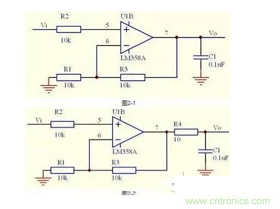 2、不要在運(yùn)放輸出直接并接電容